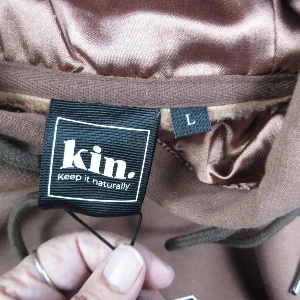 Kin. Hoodie Mens L Brown Pullover Hooded Pockets Satin Lined Embroidered NWT